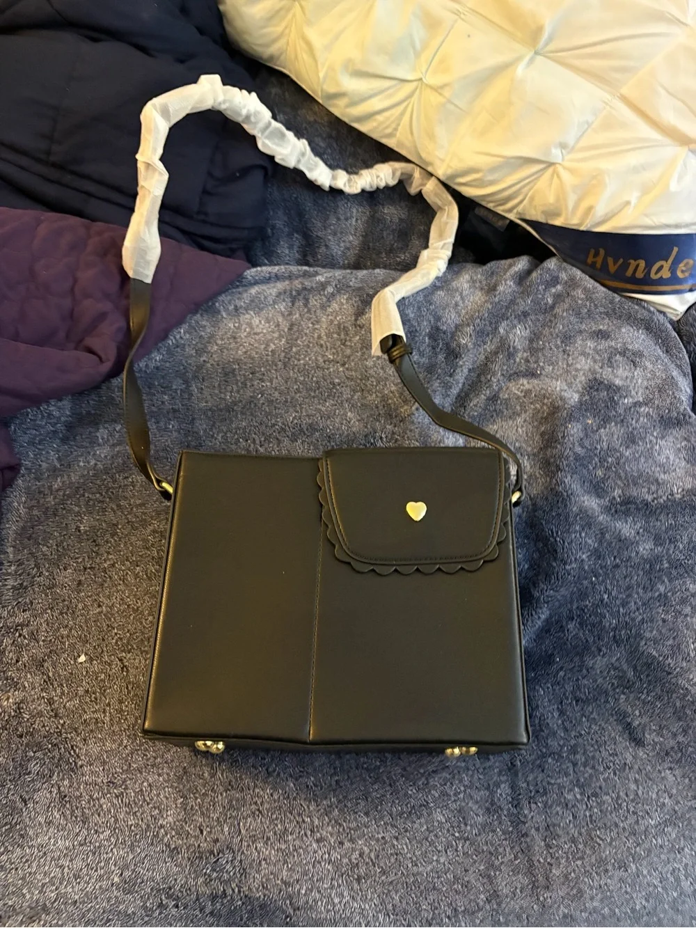 Black Crossbody Bag with Heart Accent - Women
